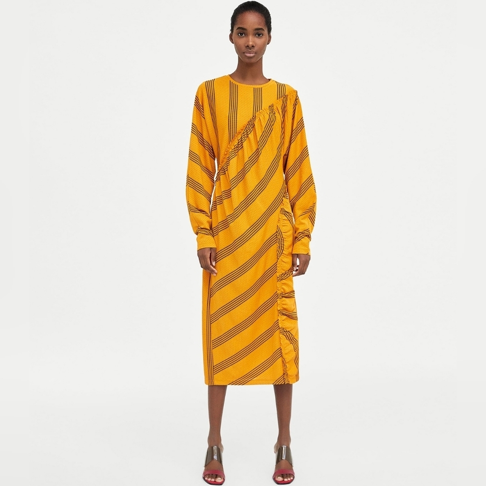 #132 Zara Striped Mustard Yellow Gathered Dress